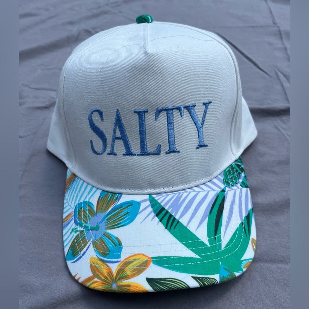 David and Young White Cap with Tropical Brim and Blue 'SALTY' Embroidery